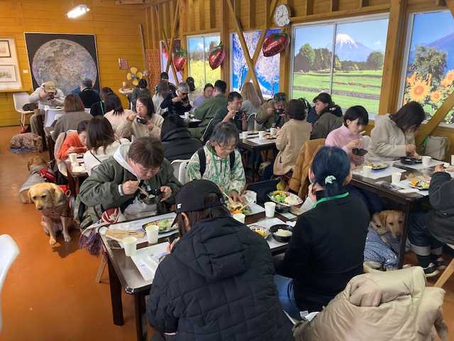 富士ミルクランドでのランチの様子。盲導犬ユーザーとファンクラブ参加者がごちゃ混ぜになってテーブルを囲み、ランチのチーズインハンバーグ定食を食べている。