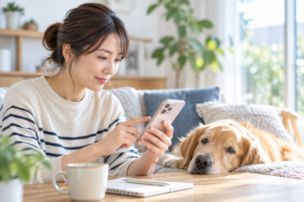 家の中で、女性がソファに座り、スマホで情報収集をしている写真。隣にはゴールデンが寝ている