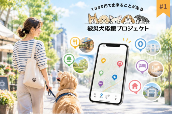 被災犬応援プロジェクト#1。ゴールデンと女性が街中を歩いている写真の中に、スマホの画像が並び、影や公園、病院等のアイコンが並んでいる