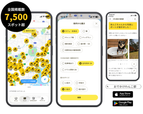 全国掲載数7,500スポット超。アプリの操作画像。地図の中にたくさんのカフェアイコンが並んでいたり、条件から絞り込める。また、飼い主のレポートが見れる画像。